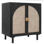 Meuble de rangement à 2 portes en rotin naturel/noir avec étagères réglables et pieds en pin