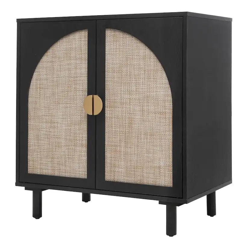 Meuble de rangement à 2 portes en rotin naturel/noir avec étagères réglables et pieds en pin