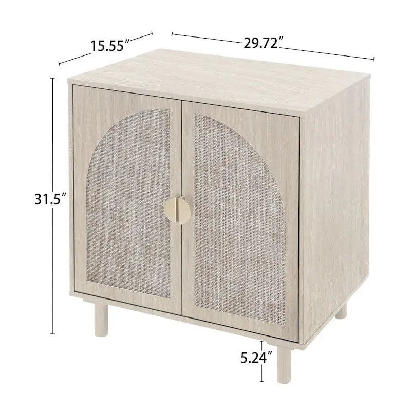Meuble de rangement à 2 portes en rotin naturel/noir avec étagères réglables et pieds en pin