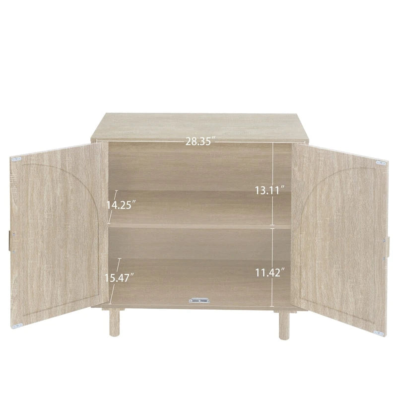 Meuble de rangement à 2 portes en rotin naturel/noir avec étagères réglables et pieds en pin
