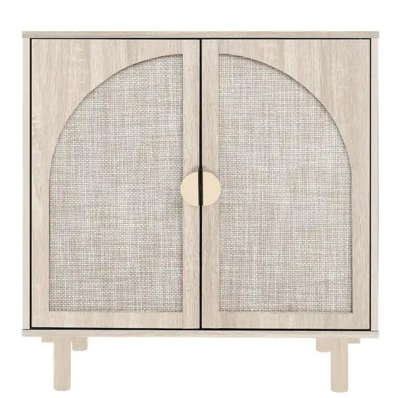 Meuble de rangement à 2 portes en rotin naturel/noir avec étagères réglables et pieds en pin