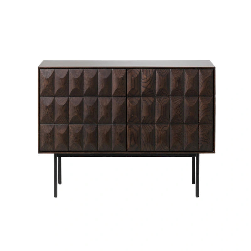 Buffet moderne en chêne espresso avec portes géométriques et rangements à fermeture douce