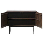 Buffet moderne en chêne espresso avec portes géométriques et rangements à fermeture douce