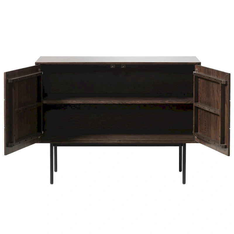 Buffet moderne en chêne espresso avec portes géométriques et rangements à fermeture douce