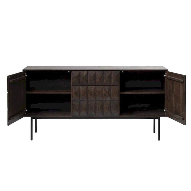 Buffet moderne en chêne espresso avec portes géométriques et rangements à fermeture douce