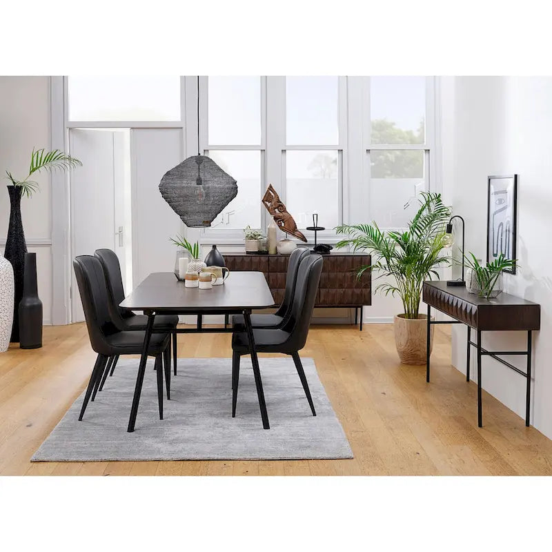 Buffet moderne en chêne espresso avec portes géométriques et rangements à fermeture douce