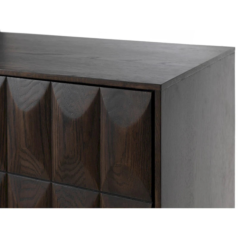 Buffet moderne en chêne espresso avec portes géométriques et rangements à fermeture douce