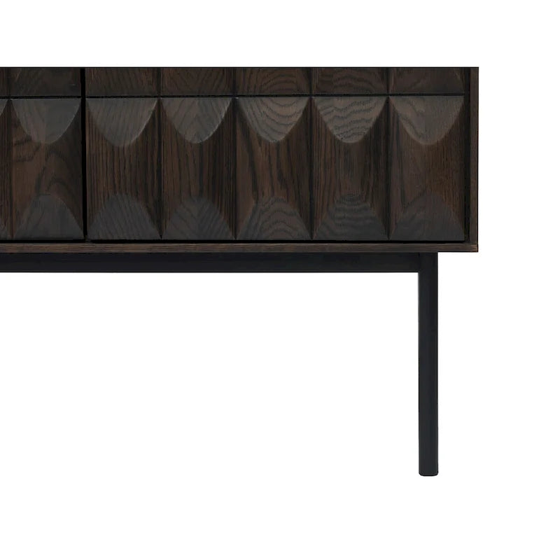 Buffet moderne en chêne espresso avec portes géométriques et rangements à fermeture douce