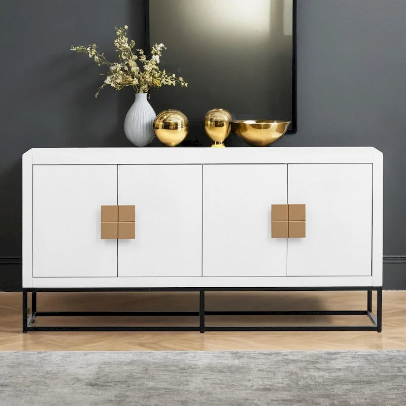 Meuble de rangement 4 portes en MDF et placage de bois, blanc/marine/noir, avec 3 étagères réglables et pieds en fer