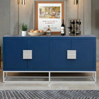 Meuble de rangement 4 portes en MDF et placage de bois, blanc/marine/noir, avec 3 étagères réglables et pieds en fer