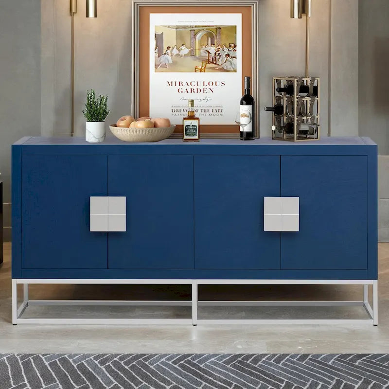 Meuble de rangement 4 portes en MDF et placage de bois, blanc/marine/noir, avec 3 étagères réglables et pieds en fer