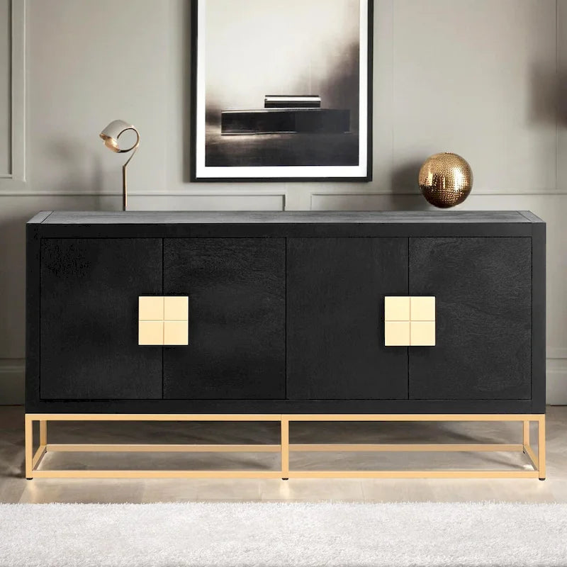 Meuble de rangement 4 portes en MDF et placage de bois, blanc/marine/noir, avec 3 étagères réglables et pieds en fer