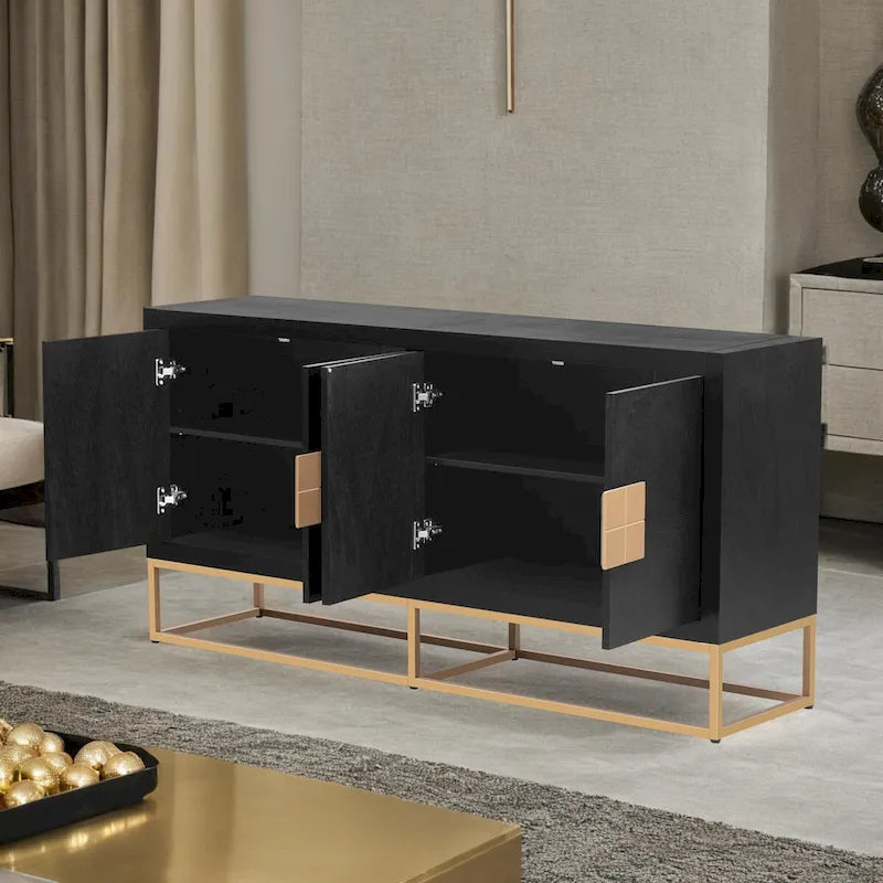 Meuble de rangement 4 portes en MDF et placage de bois, blanc/marine/noir, avec 3 étagères réglables et pieds en fer