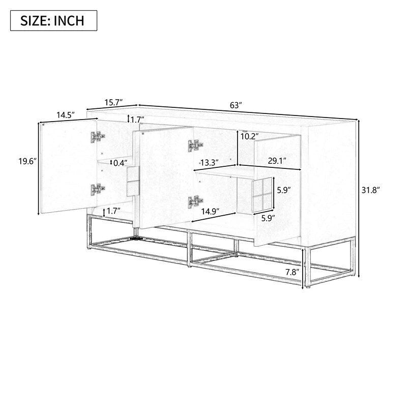 Meuble de rangement 4 portes en MDF et placage de bois, blanc/marine/noir, avec 3 étagères réglables et pieds en fer