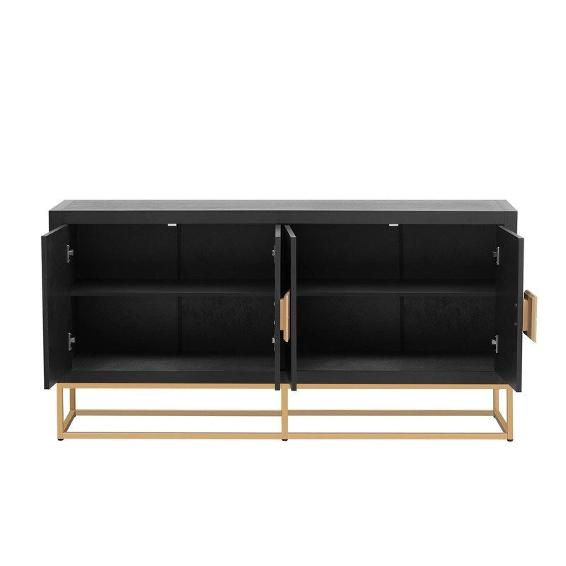 Meuble de rangement 4 portes en MDF et placage de bois, blanc/marine/noir, avec 3 étagères réglables et pieds en fer