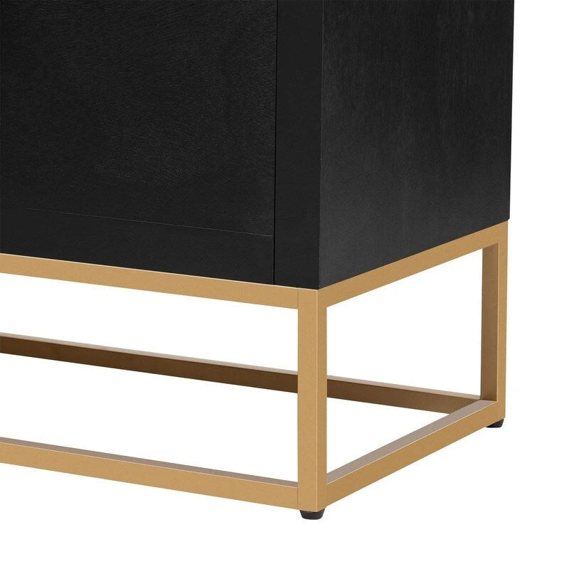 Meuble de rangement 4 portes en MDF et placage de bois, blanc/marine/noir, avec 3 étagères réglables et pieds en fer
