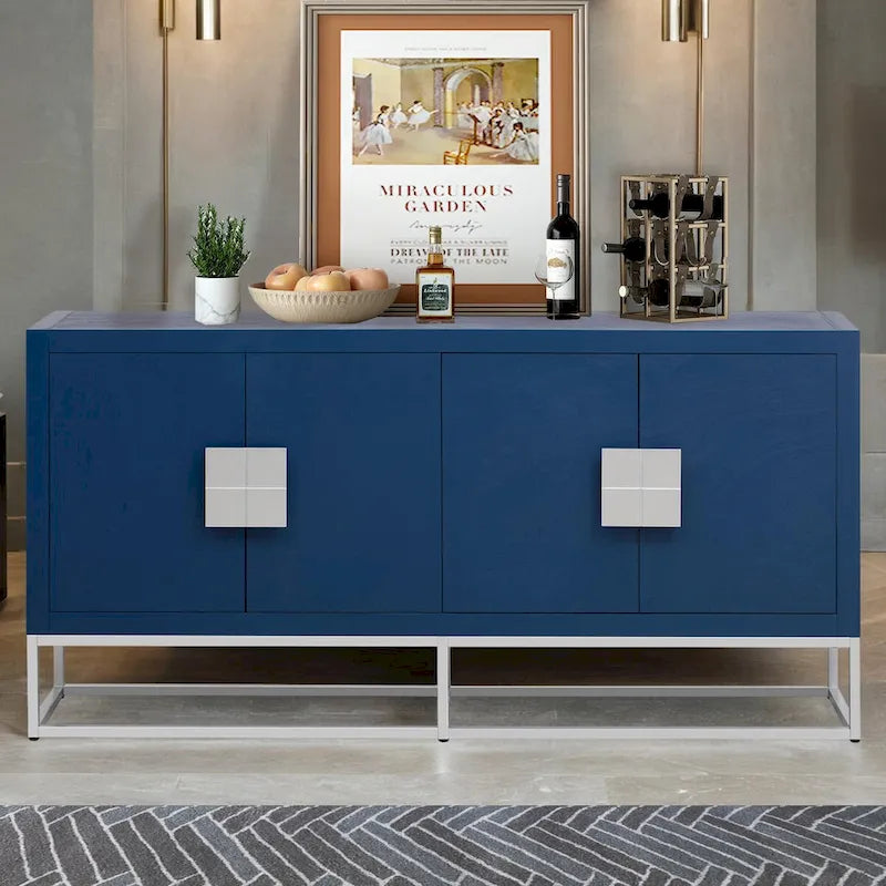 Meuble de rangement 4 portes en MDF et placage de bois, blanc/marine/noir, avec 3 étagères réglables et pieds en fer