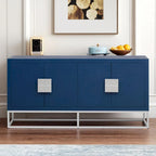 Meuble de rangement 4 portes en MDF et placage de bois, blanc/marine/noir, avec 3 étagères réglables et pieds en fer