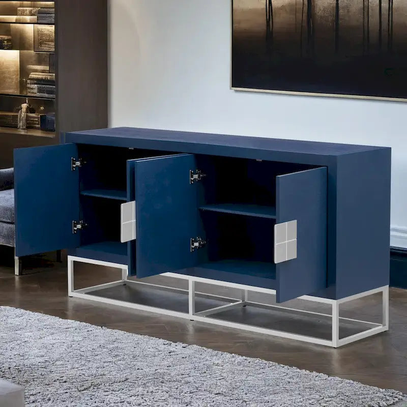 Meuble de rangement 4 portes en MDF et placage de bois, blanc/marine/noir, avec 3 étagères réglables et pieds en fer
