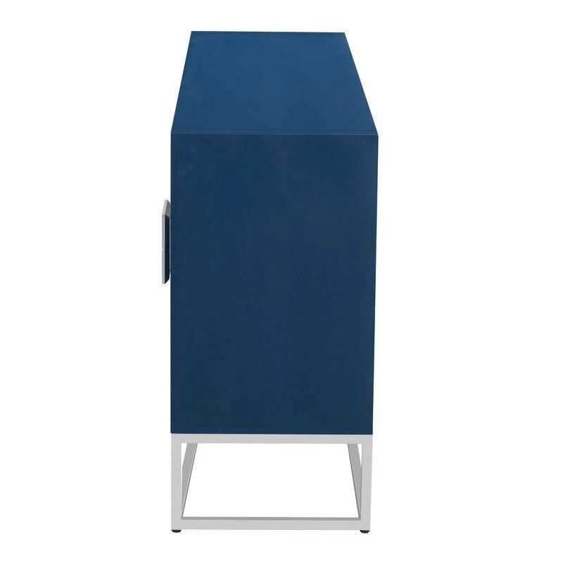 Meuble de rangement 4 portes en MDF et placage de bois, blanc/marine/noir, avec 3 étagères réglables et pieds en fer