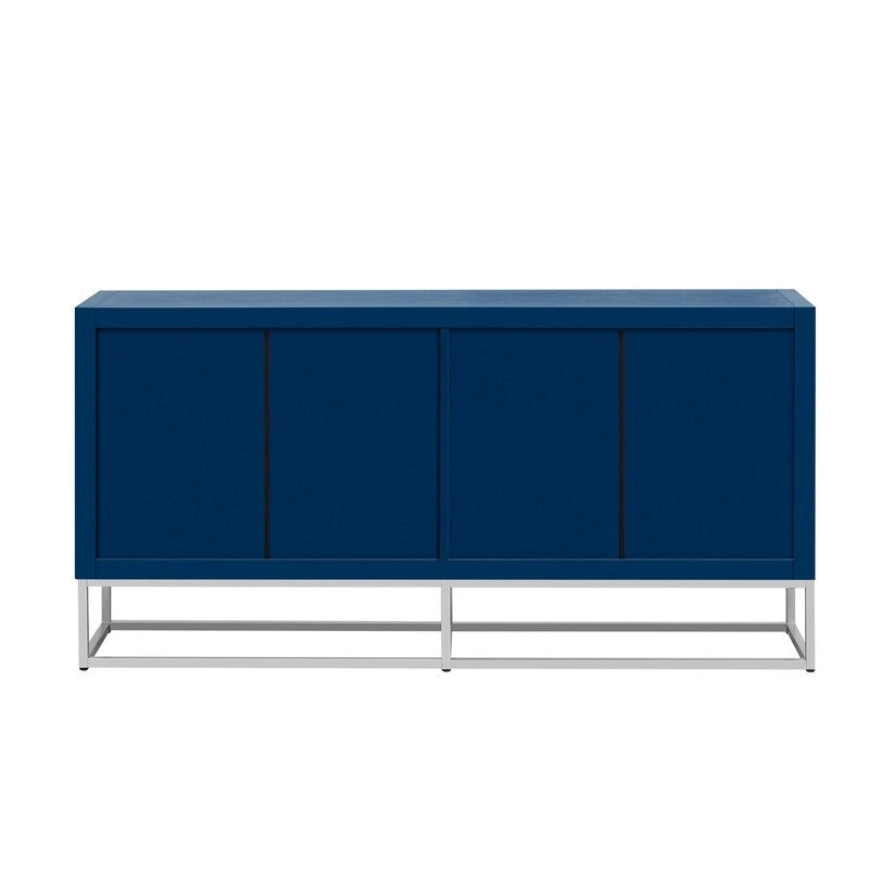 Meuble de rangement 4 portes en MDF et placage de bois, blanc/marine/noir, avec 3 étagères réglables et pieds en fer