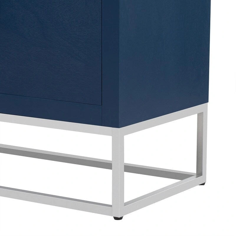 Meuble de rangement 4 portes en MDF et placage de bois, blanc/marine/noir, avec 3 étagères réglables et pieds en fer