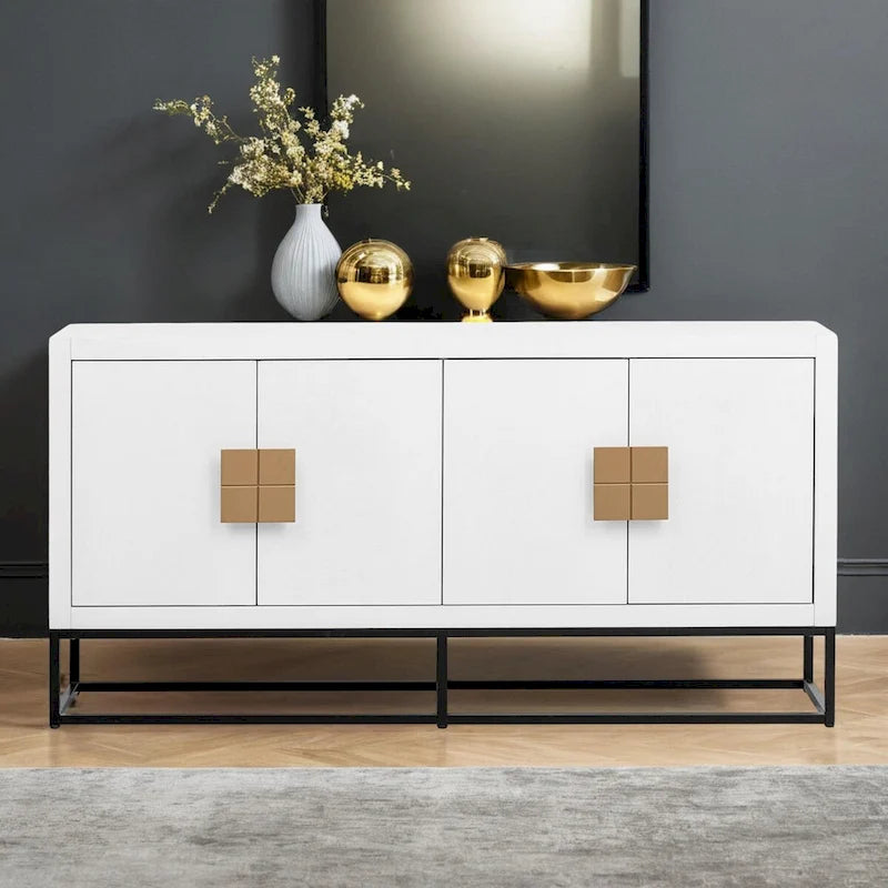 Meuble de rangement 4 portes en MDF et placage de bois, blanc/marine/noir, avec 3 étagères réglables et pieds en fer