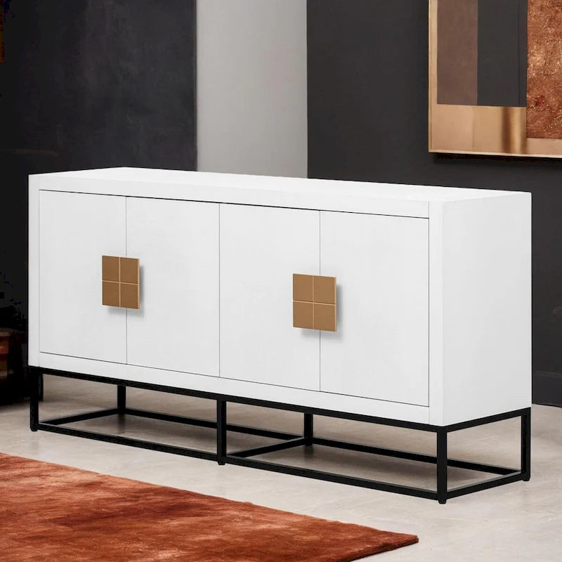 Meuble de rangement 4 portes en MDF et placage de bois, blanc/marine/noir, avec 3 étagères réglables et pieds en fer