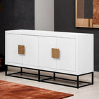 Meuble de rangement 4 portes en MDF et placage de bois, blanc/marine/noir, avec 3 étagères réglables et pieds en fer