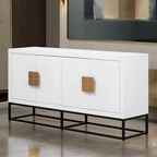 Meuble de rangement 4 portes en MDF et placage de bois, blanc/marine/noir, avec 3 étagères réglables et pieds en fer