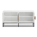 Meuble de rangement 4 portes en MDF et placage de bois, blanc/marine/noir, avec 3 étagères réglables et pieds en fer