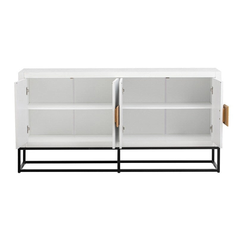 Meuble de rangement 4 portes en MDF et placage de bois, blanc/marine/noir, avec 3 étagères réglables et pieds en fer