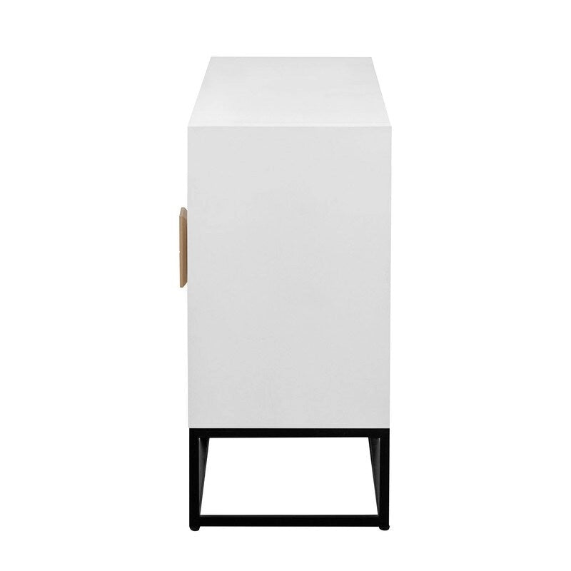 Meuble de rangement 4 portes en MDF et placage de bois, blanc/marine/noir, avec 3 étagères réglables et pieds en fer
