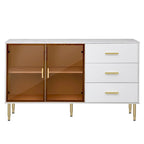 Buffet en MDF blanc/bleu marine/noir avec portes en verre trempé, 3 tiroirs et pieds en métal