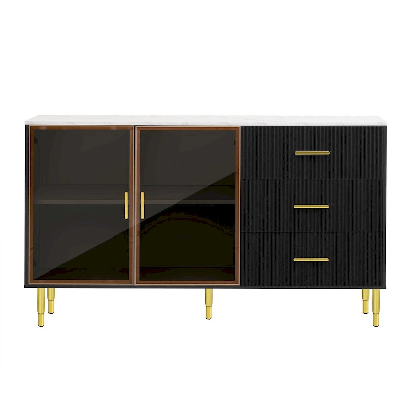 Buffet en MDF blanc/bleu marine/noir avec portes en verre trempé, 3 tiroirs et pieds en métal