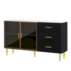 Buffet en MDF blanc/bleu marine/noir avec portes en verre trempé, 3 tiroirs et pieds en métal