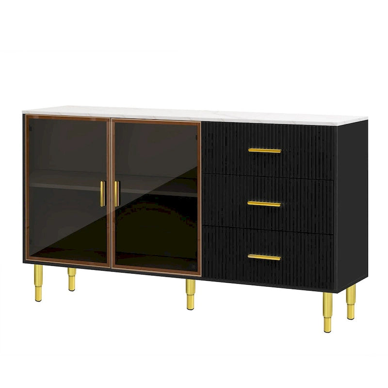 Buffet en MDF blanc/bleu marine/noir avec portes en verre trempé, 3 tiroirs et pieds en métal