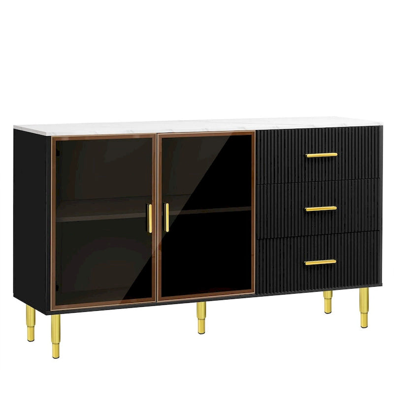 Buffet en MDF blanc/bleu marine/noir avec portes en verre trempé, 3 tiroirs et pieds en métal