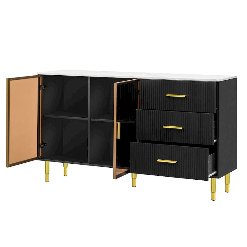 Buffet en MDF blanc/bleu marine/noir avec portes en verre trempé, 3 tiroirs et pieds en métal