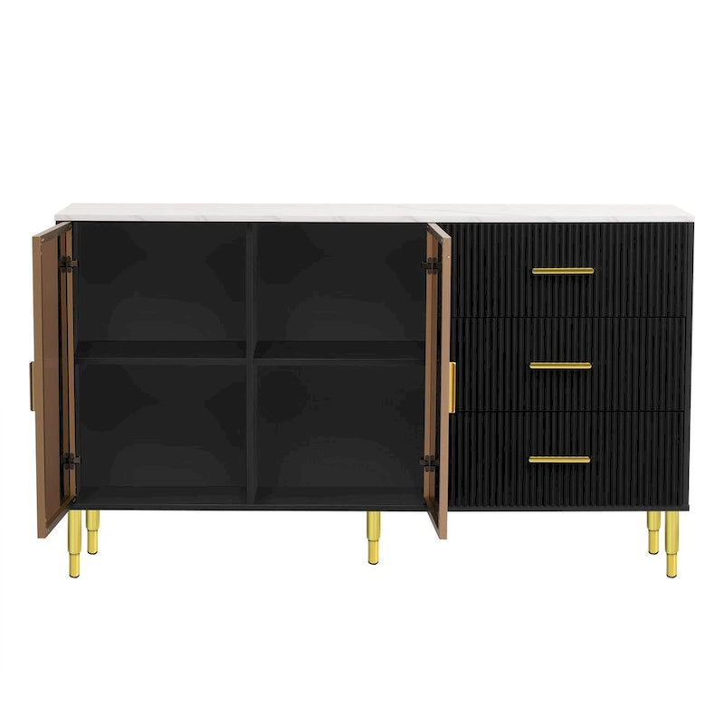 Buffet en MDF blanc/bleu marine/noir avec portes en verre trempé, 3 tiroirs et pieds en métal