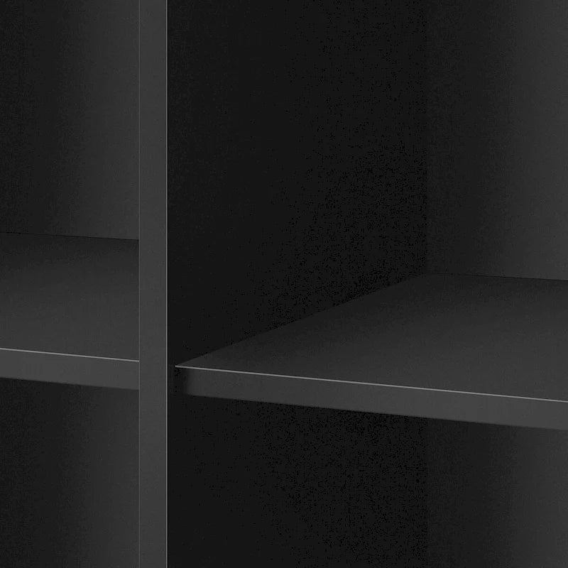 Buffet en MDF blanc/bleu marine/noir avec portes en verre trempé, 3 tiroirs et pieds en métal