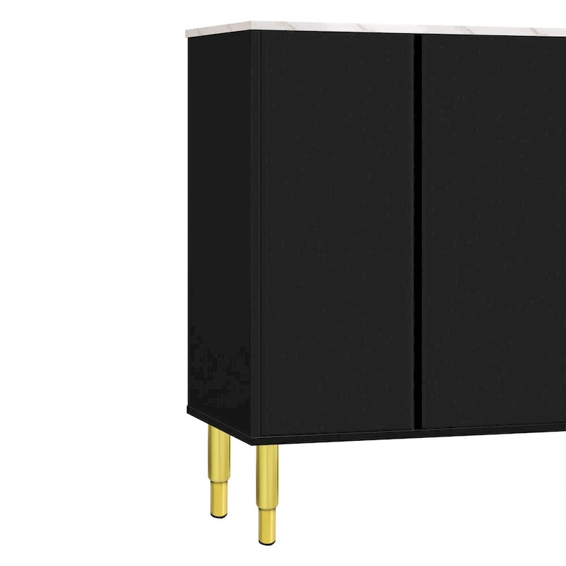 Buffet en MDF blanc/bleu marine/noir avec portes en verre trempé, 3 tiroirs et pieds en métal
