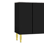 Buffet en MDF blanc/bleu marine/noir avec portes en verre trempé, 3 tiroirs et pieds en métal