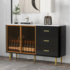 Buffet en MDF blanc/bleu marine/noir avec portes en verre trempé, 3 tiroirs et pieds en métal