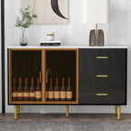 Buffet en MDF blanc/bleu marine/noir avec portes en verre trempé, 3 tiroirs et pieds en métal
