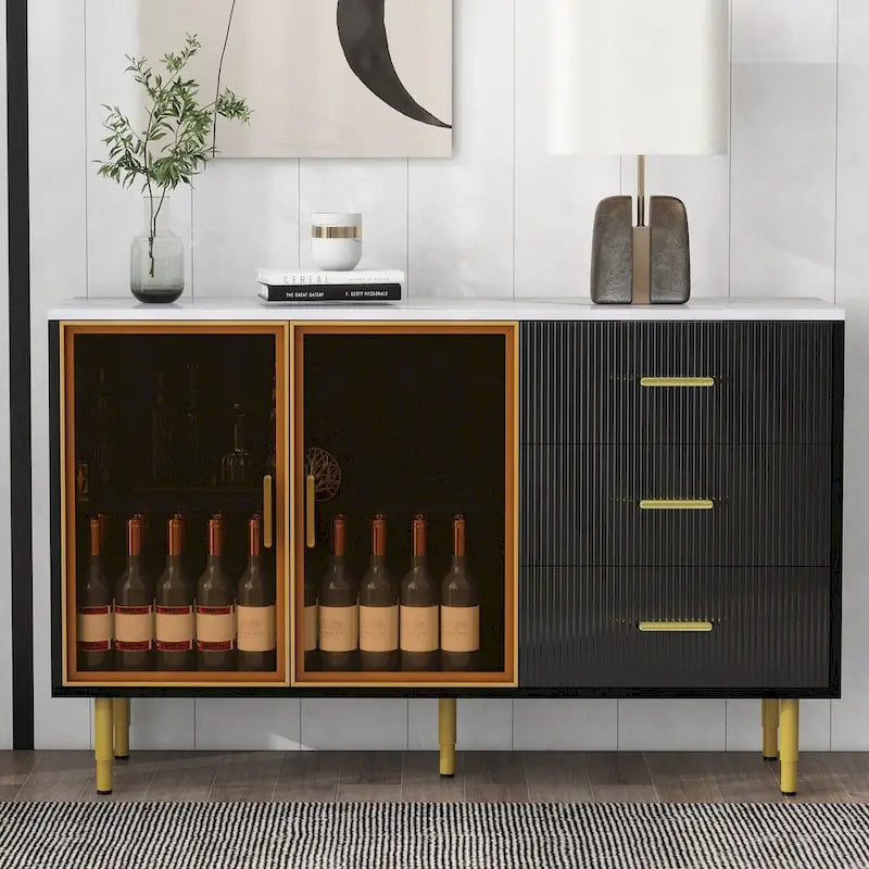 Buffet en MDF blanc/bleu marine/noir avec portes en verre trempé, 3 tiroirs et pieds en métal