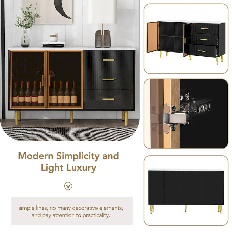Buffet en MDF blanc/bleu marine/noir avec portes en verre trempé, 3 tiroirs et pieds en métal