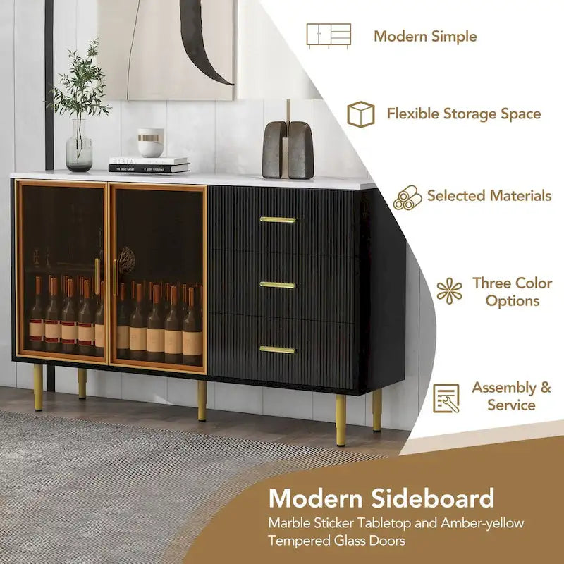 Buffet en MDF blanc/bleu marine/noir avec portes en verre trempé, 3 tiroirs et pieds en métal