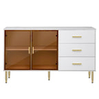 Buffet en MDF blanc/bleu marine/noir avec portes en verre trempé, 3 tiroirs et pieds en métal