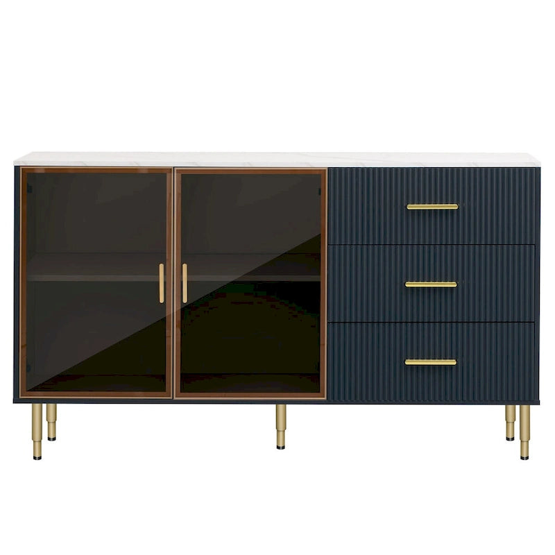 Buffet en MDF blanc/bleu marine/noir avec portes en verre trempé, 3 tiroirs et pieds en métal